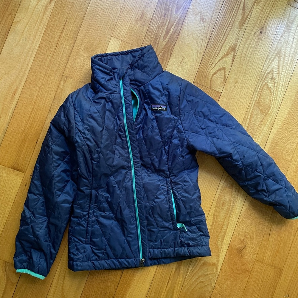 Patagonia Navy Blue Kids Jacket with Teal Accents